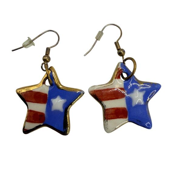 None and/or Unknown Jewelry - Patriotic star American flag USA July 4th hand painted porcelain earrings